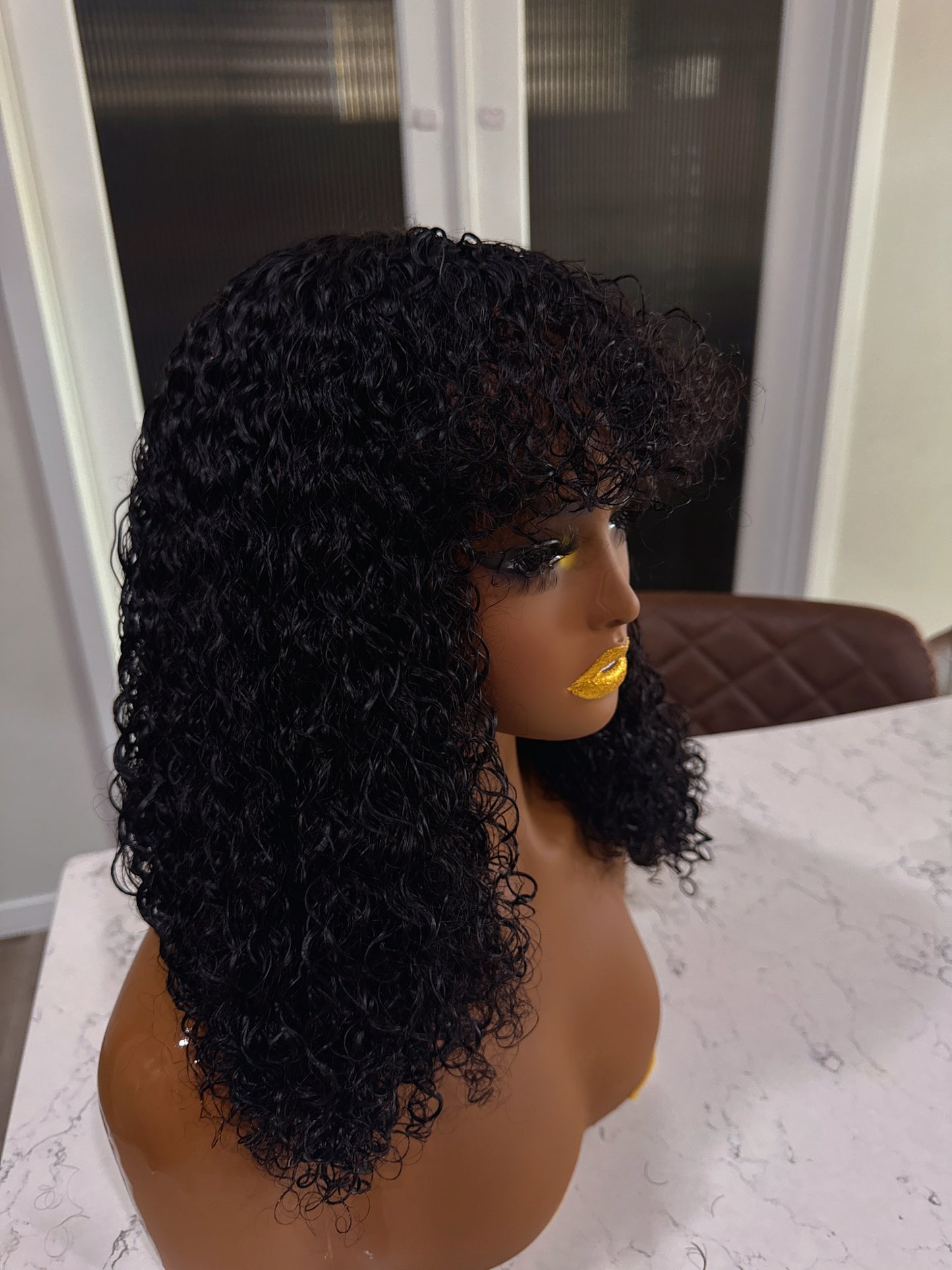 18-Inch SDD Curly Fringe Wig – Natural Black Human Hair Wig with Bangs - Soft Defined Curls - Beginner-Friendly Wig