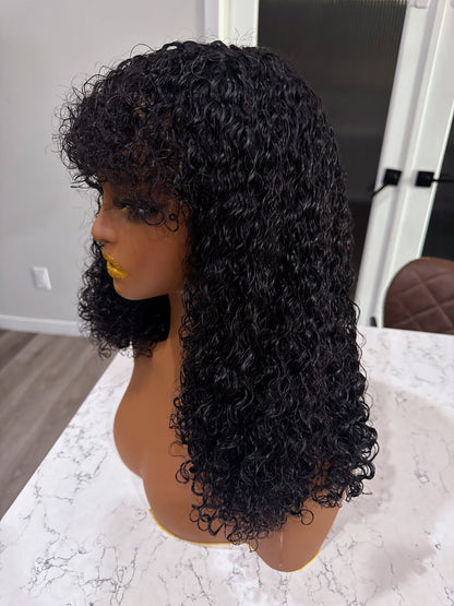 18-Inch SDD Curly Fringe Wig – Natural Black Human Hair Wig with Bangs - Soft Defined Curls - Beginner-Friendly Wig