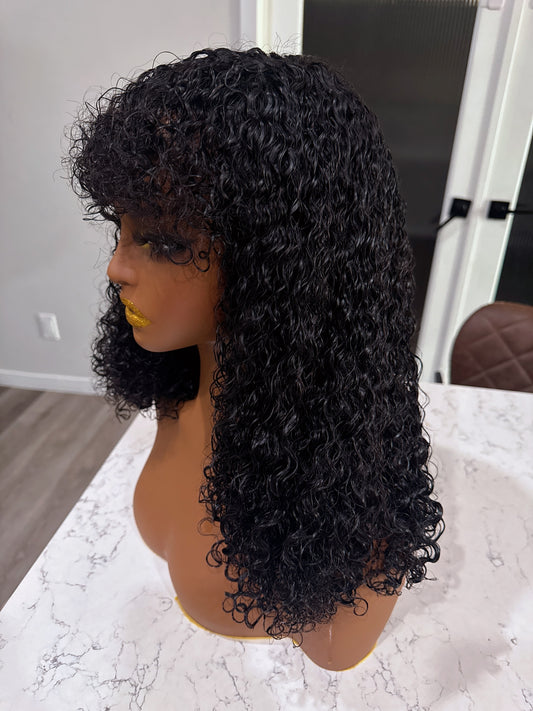 18-Inch SDD Curly Fringe Wig – Natural Black Human Hair Wig with Bangs - Soft Defined Curls - Beginner-Friendly Wig