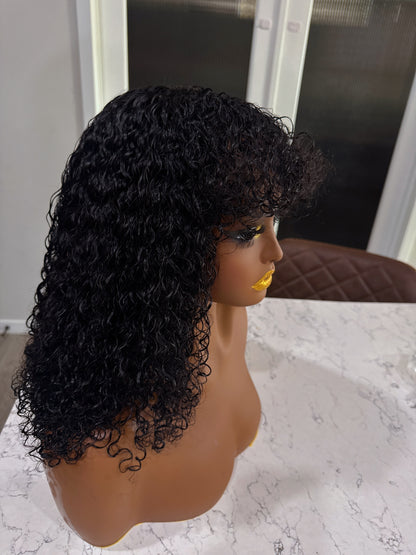 natural black curly wig with fringe soft defined curls shoulder length
